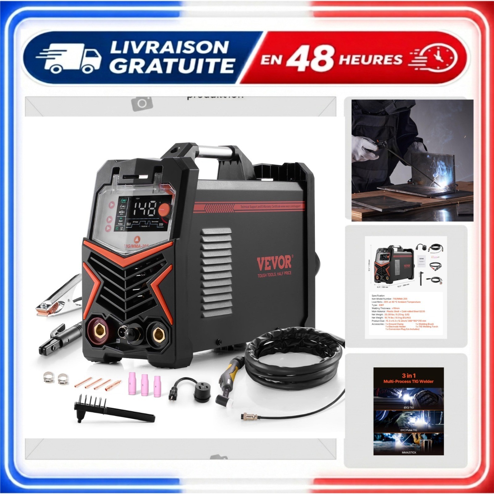 TIG VEVOR 205 A 3 in 1 용접기 (TIG, DC, 펄스, MMA, LED 스크린)
