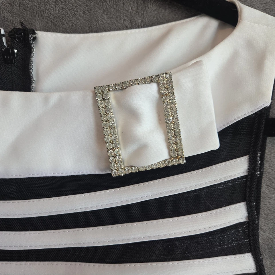 JS Collections Sheer Black White Ribbon Top Boat Neck Striped Size 4 Y2K - Image 3 of 4