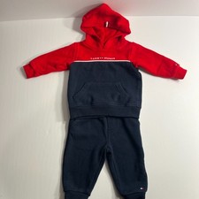 Tommy Hilfiger Baby 2PC Hoodie Jogger Set 6-9M Red Navy Outfit Sweat Suit