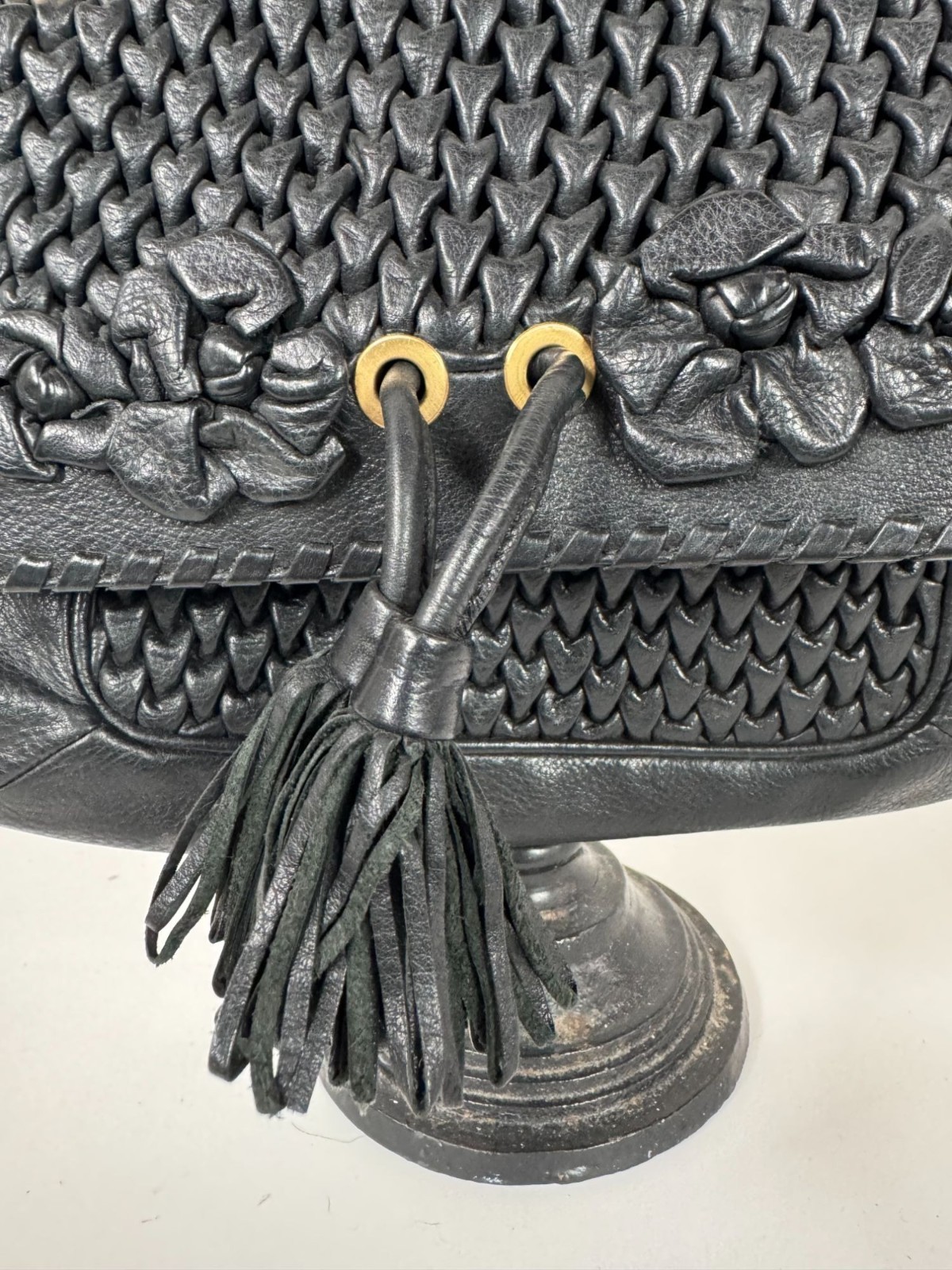 Isabella Fiore Black Leather Woven Floral Tassel Shoulder Bag With Gold Chain St image 7