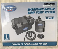 Superior Pump 92900 Submersible Sump Pump 12V Battery Back Up Drainage Sump Pit