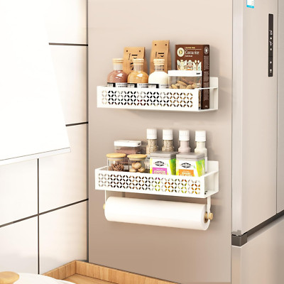 2 Pack Magnetic Spice Rack for Refrigerator with Upgraded Paper Towel Holder，Mov