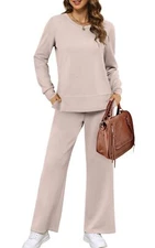 Women's Tracksuit Two-Piece Long Sleeve Crewneck Loungewear Trendy Khaki