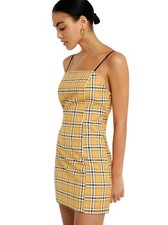 Urban Outfitters Bright Yellow and Black Checked Slip Dress Size M Strap Zip Up