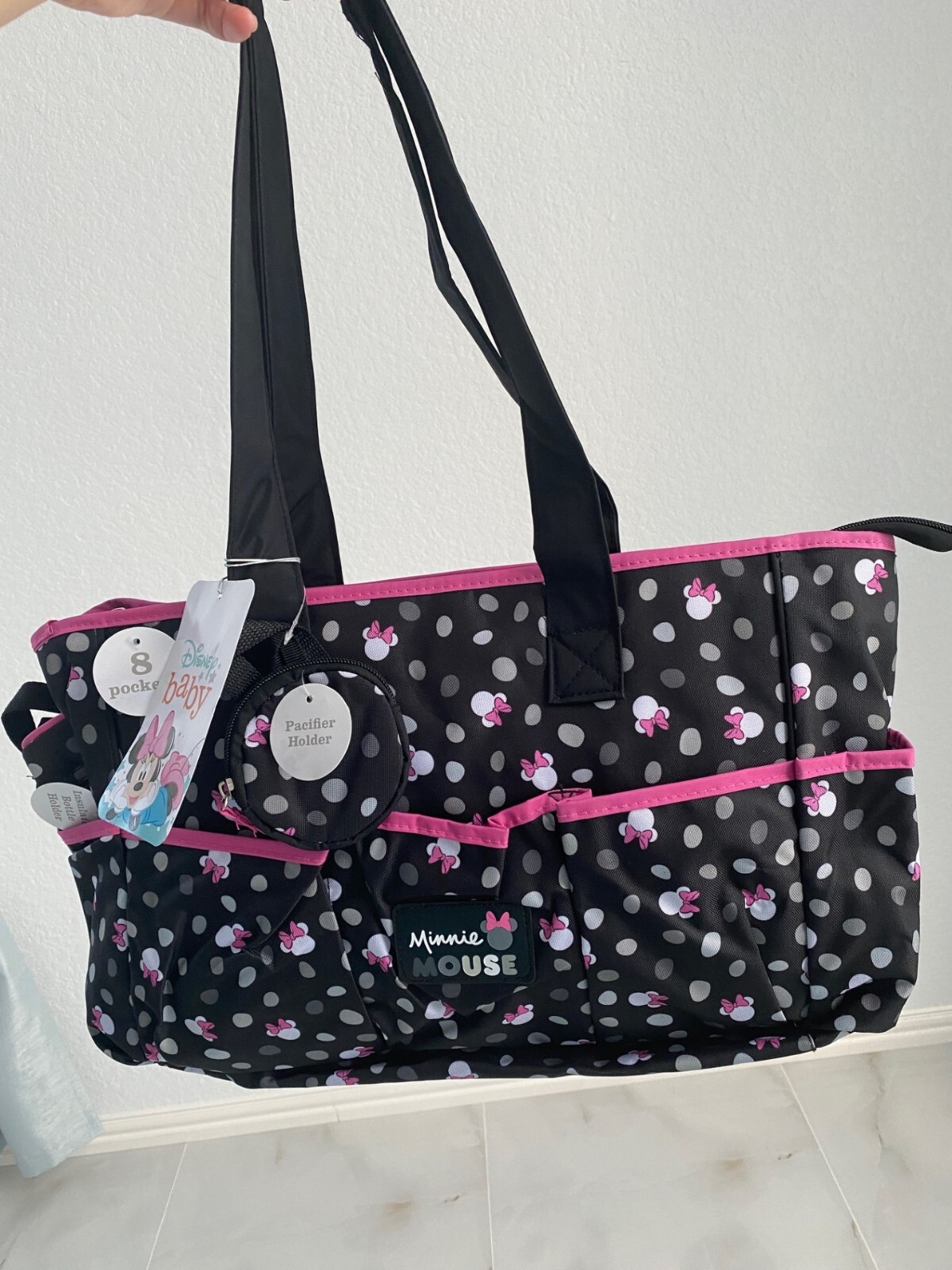 New Disney Minnie Mouse Baby Diaper Bag, Insulated bottle holder, pacifier pouch