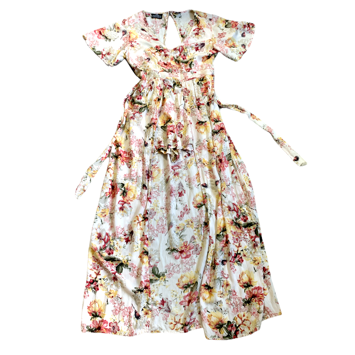 Angie Floral Walk-Through Romper/Maxi Dress Smocked Cutout Back M #60F Angie Floral Walk-Through Romper/Maxi Dress Smocked Cutout Back M #60F