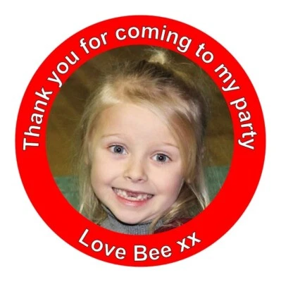 RIXON & BRYCE 24 Personalised Own Photo Own Message 45mm Picture Stickers. Party Bags Weddings