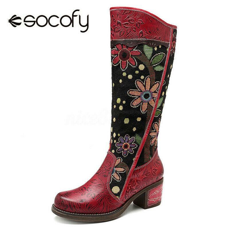 Women Real Leather Floral Shoes Knee High Zip Mid Calf Boots Retro Knight Boots