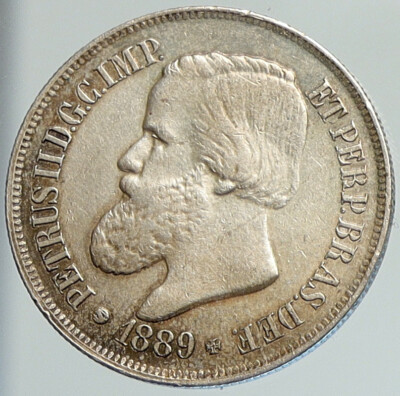1889 BRAZIL w King Dom Pedro II Antique Brazilian Silver 500 Reis