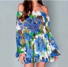 NWT Show Me Your Mumu Off Shoulder Blue Green Sheer Ruffle Dress Medium