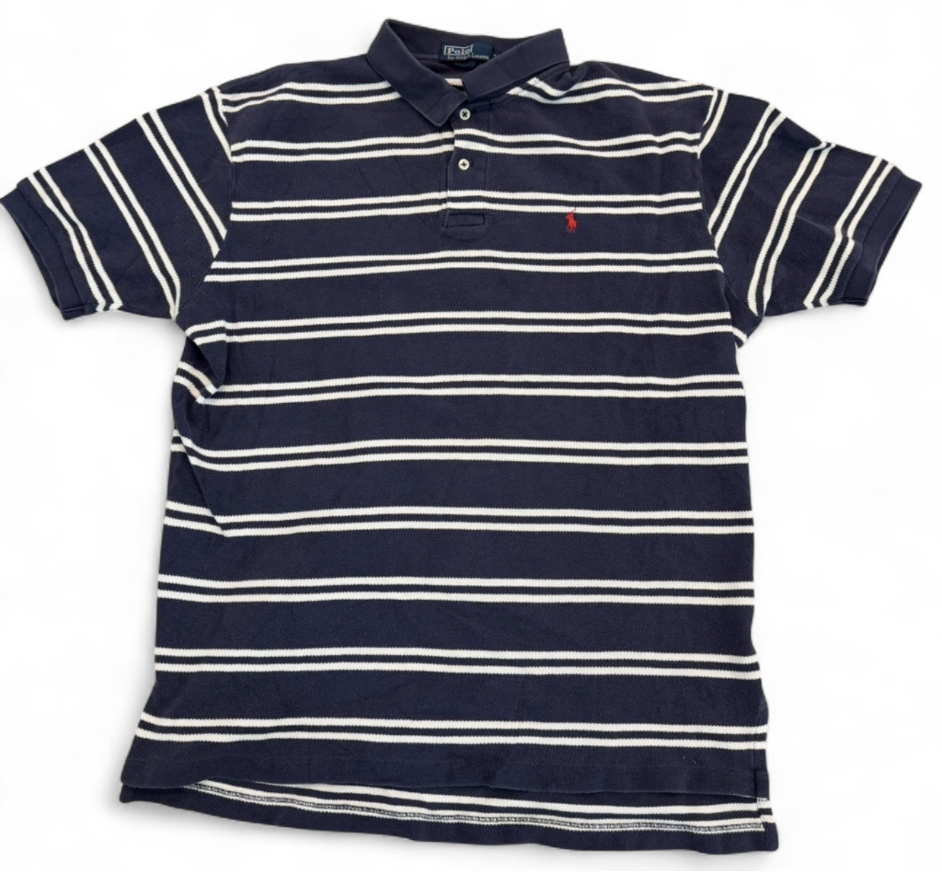 Vintage Polo Ralph Lauren XL Striped Polo Shirt Red Pony Logo Navy Blue White