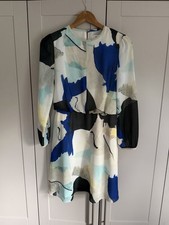 Reiss Neave Abstract Print Dress UK 10 Blue Cream Long Sleeve Occasion Dress