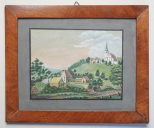 Gouche Biedermeier Dorfansicht mit Kirche auf Berg, datiert 1835