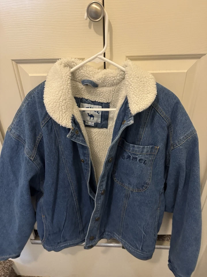 复古骆驼香烟牛仔夹克蓝色夏尔巴内衬西部卡车司机外套 XL — 第 2/4 张图片