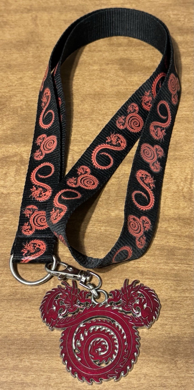 Disney Official Pin Trading 2007 Red Dragon Mickey Head Lanyard Medal Keychain
