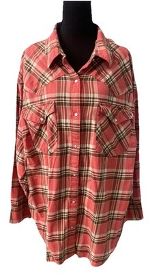 Levi Strauss 3X Coral And Brown Plaid Pearl Snap Long Sleeve Shirt Women