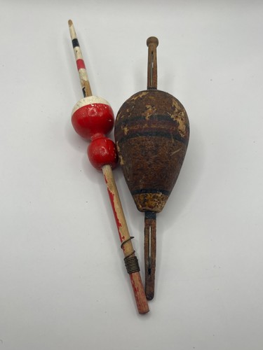 Antique Pair of Wooden Fishing Bobbers/ Floats Large Stick and Teardrop
