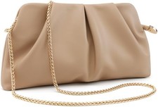 Women Clutch Bag Dressy Formal Handbag Pleated PU Clutch Purse Detachable Khaki