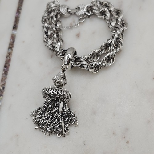 Vintage 1960s Monet Bolero Silver Tone Double Tassel Bracelet Book Piece 7.5 In