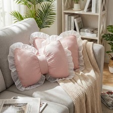 2 Pcs Pink Bow Pillow 16 x 13 Inches Decorative Bow Pillows with Lace Side Tr...