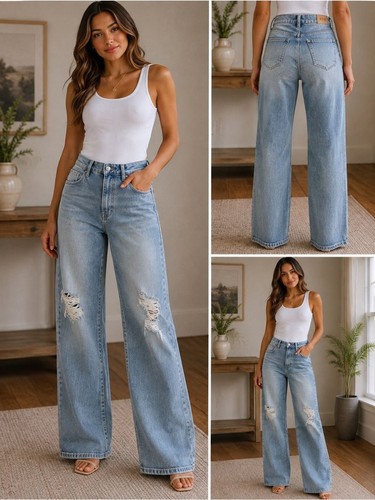 RFM Los Angeles Hailey High Rise Wide Leg Distressed Jeans 7/28