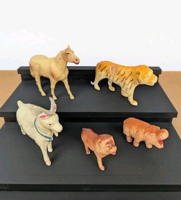 Vintage Lot of 5 Celluloid Animals Figures Goat Horse Tiger Hippo Lion 2.5-4''