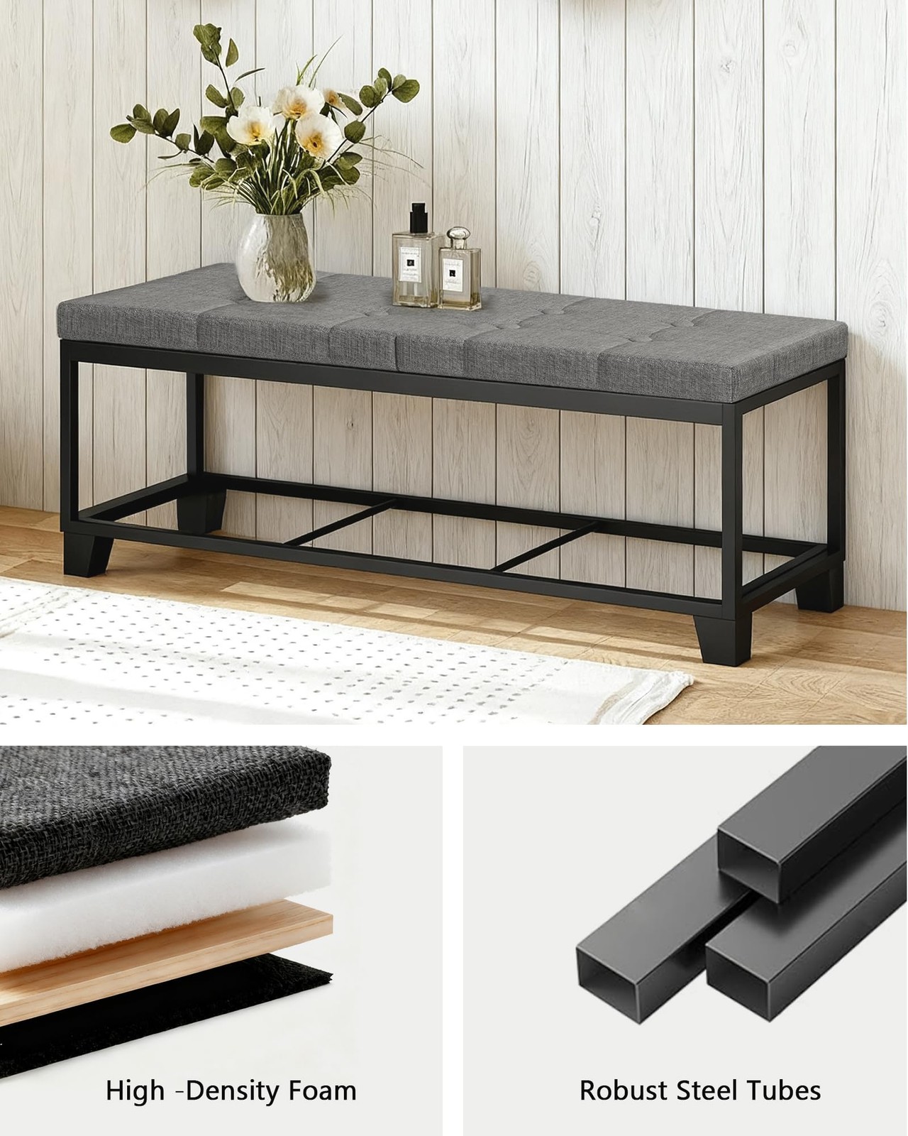 Metal Storage Ottoman Footstool Bench End of Bed Linen Grey 15.7x43x15.7