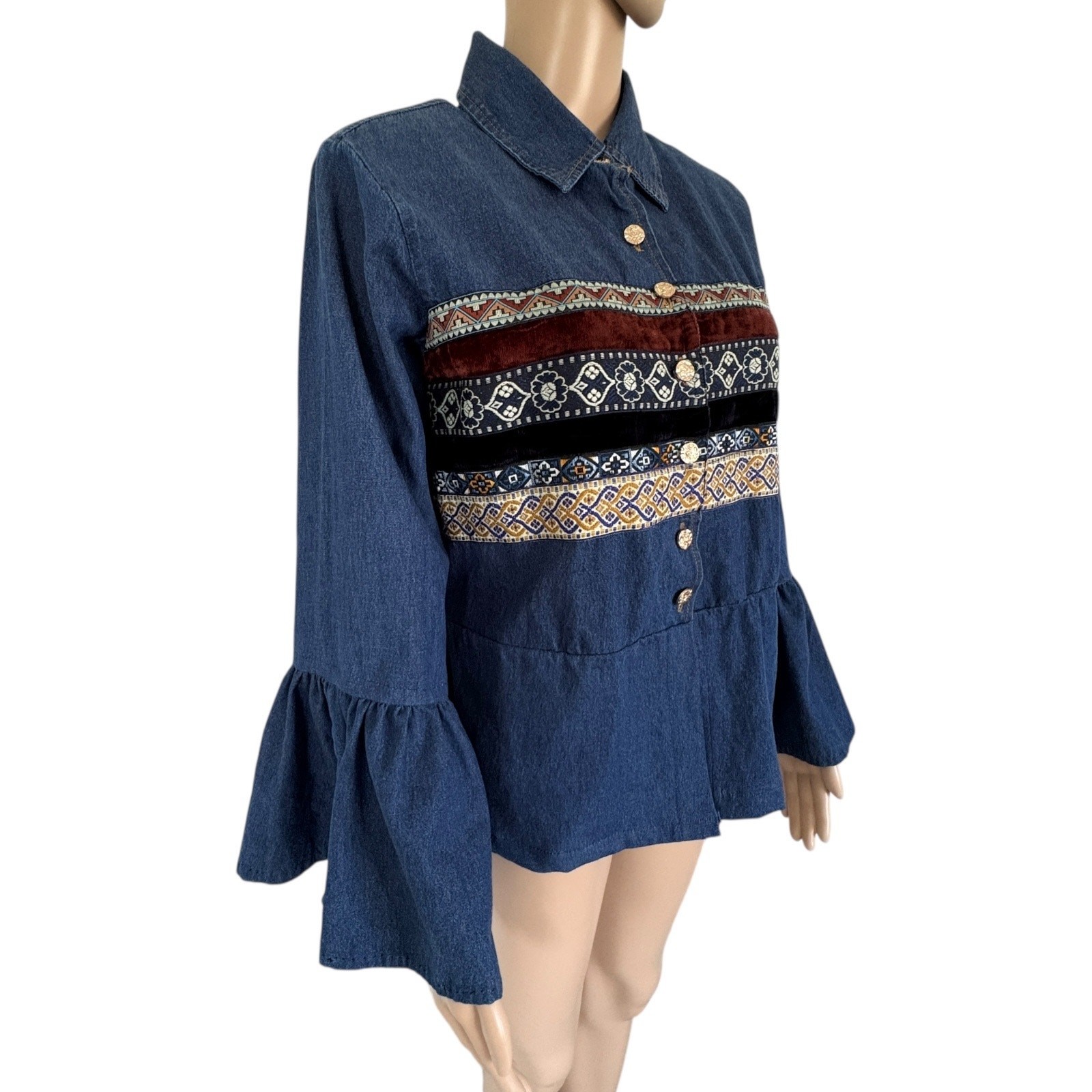 Upcycled Vintage Denim Jacket Boho Western Rodeo Horse Tapestry Lace Bell Sleeve