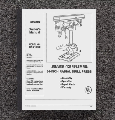 #ad Owner#x27;s Manual Fits Craftsman 34 Inch DRILL PRESS 149.213340 Printed Manual $15.97