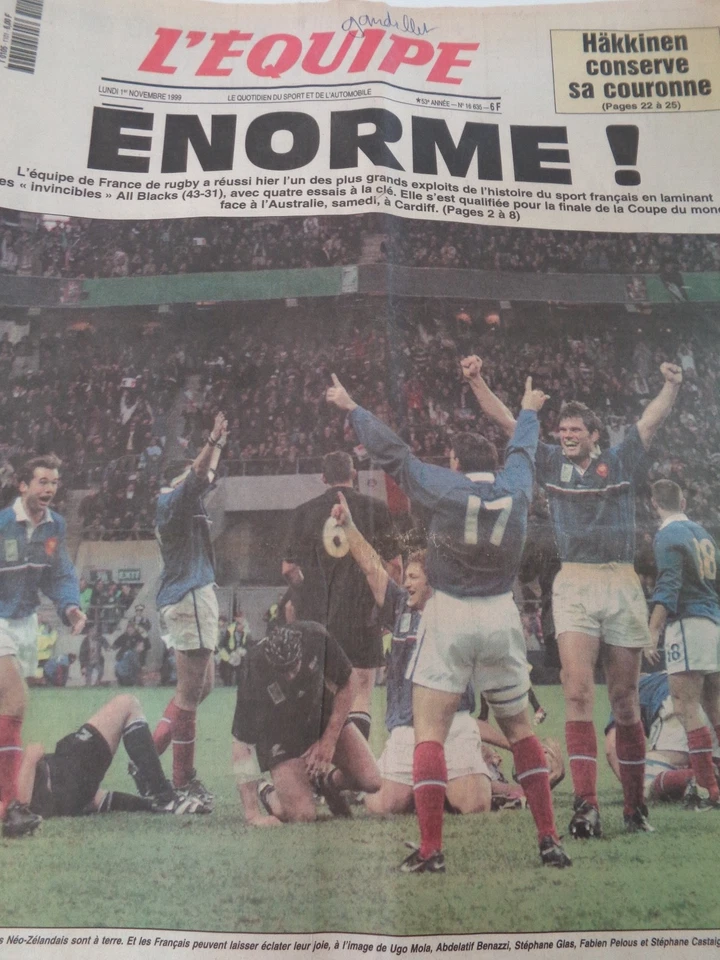 💥 Journal l'équipe 02/11/1999 Rugby France / All Black - Enorme !Coupe du Monde - Photo 1/1