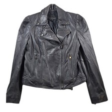 Banana Republic Lamb Leather Moto Jacket Womens Small Gray Puff Shoulder Biker