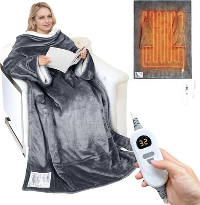 Wearable Heated Blanket w Sleeves Electric Sherpa Throw Dark Gray 5 Heat New