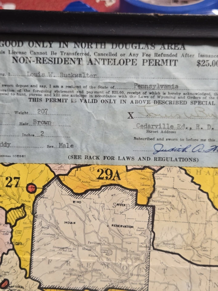 Douglas Wyoming 1964 antílope no residente licencia etiqueta de caza de colección mapa foto Foto 3 de 4