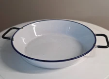 Ker Enamelware Sweden Small Handled Bowl/Plate with Blue Trim