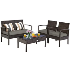Patiojoy 4PCS Patio Rattan Furniture Set Cushioned Sofa Coffee Table Garden Deck