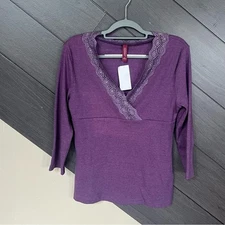 Gitano Purple V-Neck Lace w/ Sequins Women's Blouse Y2K 3/4 Sleeve