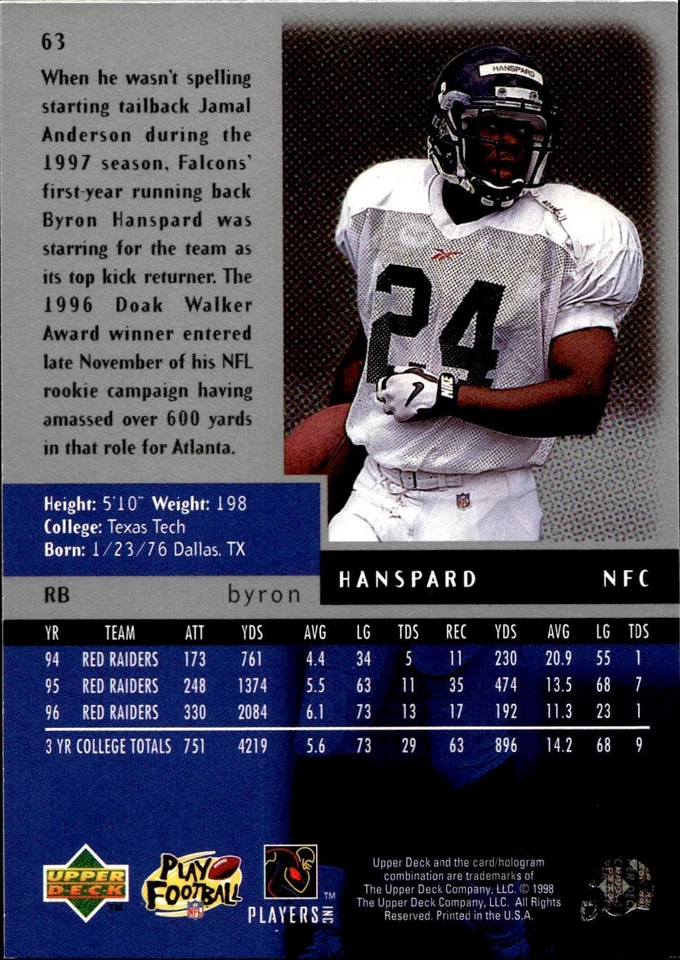 1998 Upper Deck Black Diamond #63 Byron Hanspard Double - Image 2 of 2