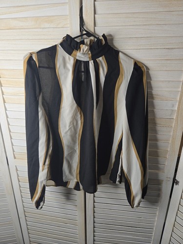 Women’s Small Striped Ruffle Shirt – Brown White Black Long Sleeve Chic Look