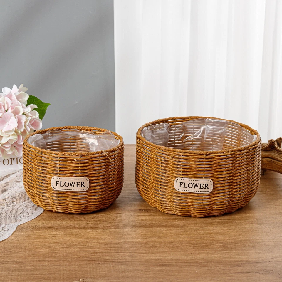 Set of 2 Woven Wicker Planter Baskets with Plastic Lining Multipurpose Storage - Image 2 of 4