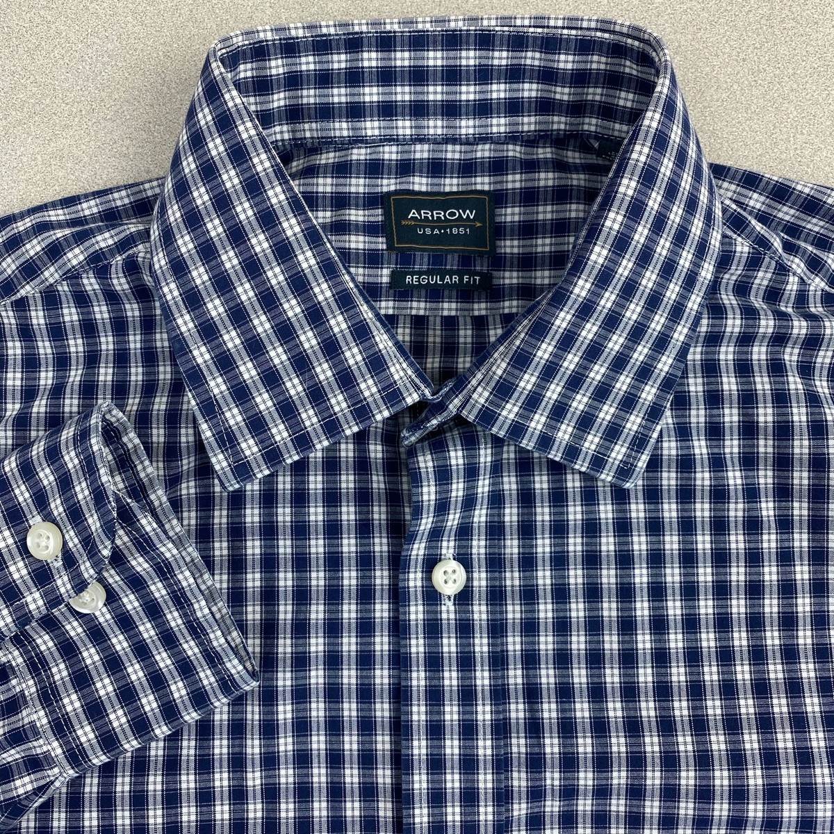 ②70s USA Arrow open collar shirt check M Arrow Dress Shirt Mens 15 Blue White 34/35 Sleeve Regular