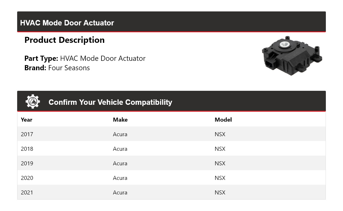 For 2017-2021 Acura NSX HVAC Mode Door Actuator 4 Seasons 2018 2019 2020