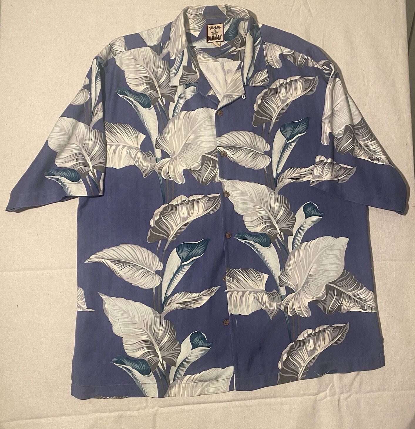 Tommy Bahama Silk XL Hawaiian Print Camp Shirt Blue Tropical Short Sleeve