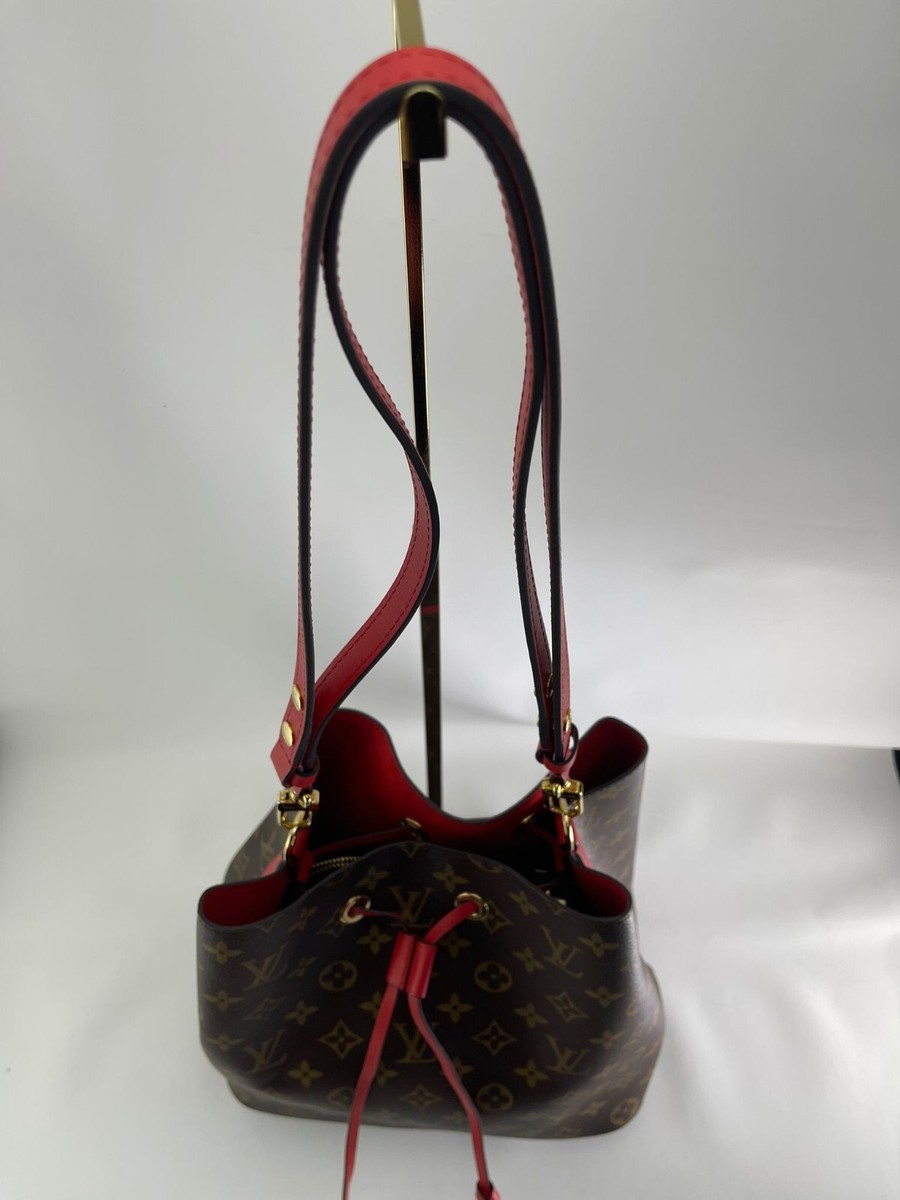 Auth Louis Vuitton Neo Noe Monogram Canvas Red Leather Drawstring