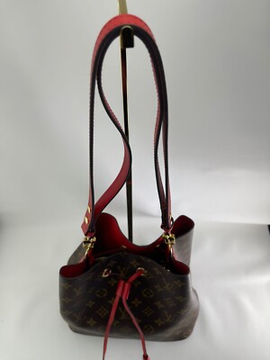 Auth Louis Vuitton Neo Noe Monogram Canvas Red Leather Drawstring
