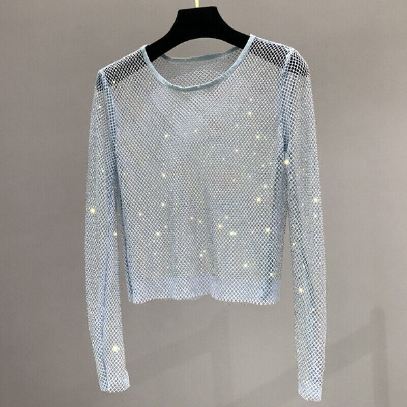 Women Crystal Mesh Blouse T Shirt Sparkly Glitter Shiny See Through Cutout  Tops