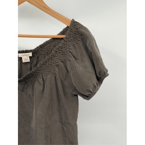 Sundance Blouse Top Silk Women XS Brown Short Sleeve Bohemian Boho Puff Sleeve - Picture 3 of 8