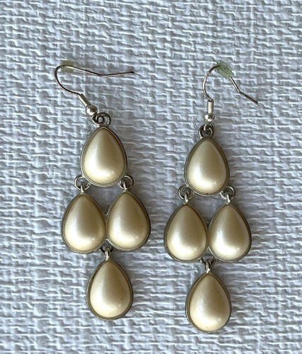 Chandelier Earrings Statement Dangle Drop Cream Cabochon Silver-toned Pierced - Picture 4 of 5