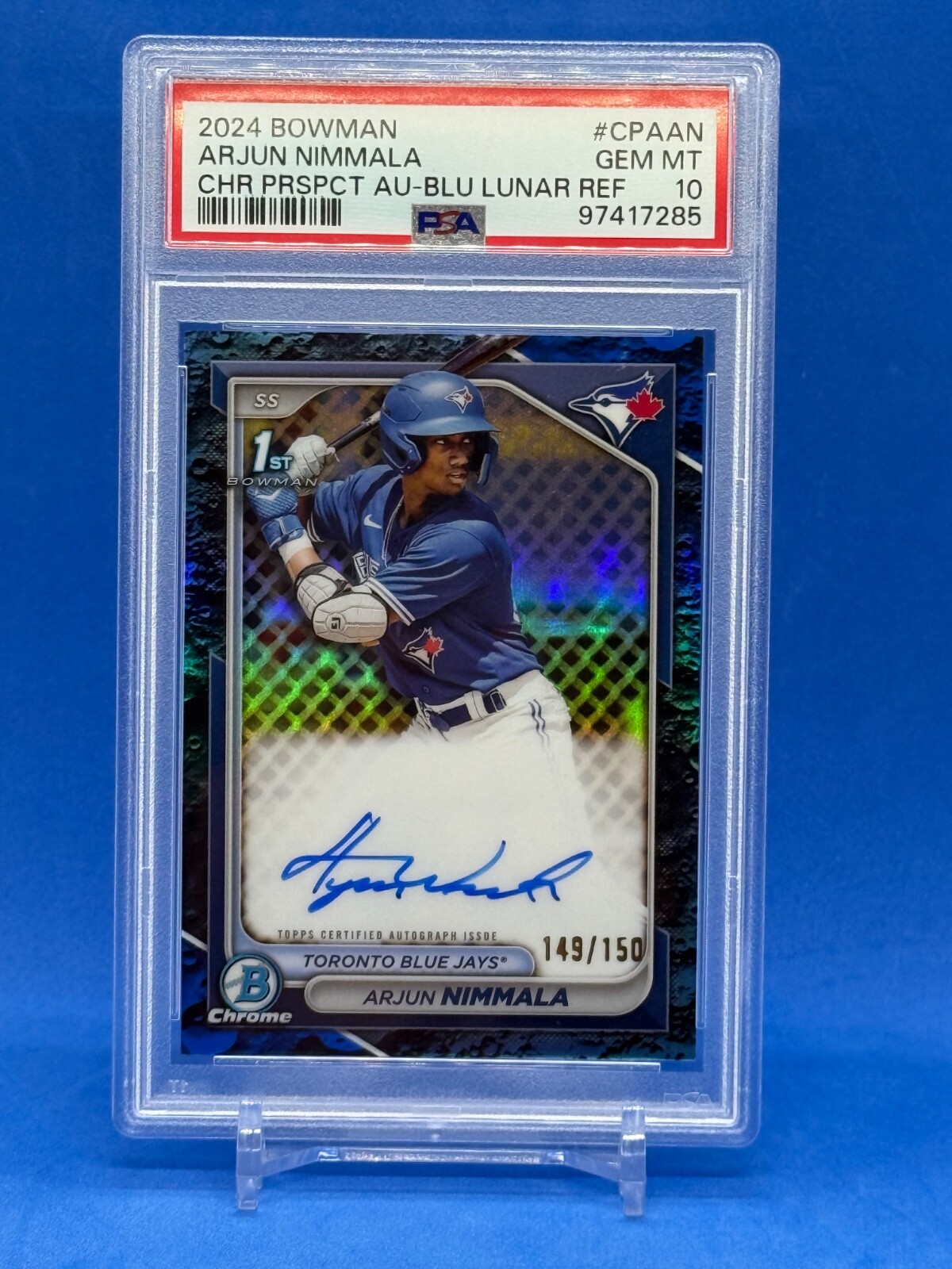 2024 Bowman Chrome Arjun Nimmala 1st Blue Lunar Refractor Auto /150 PSA 10 GEM