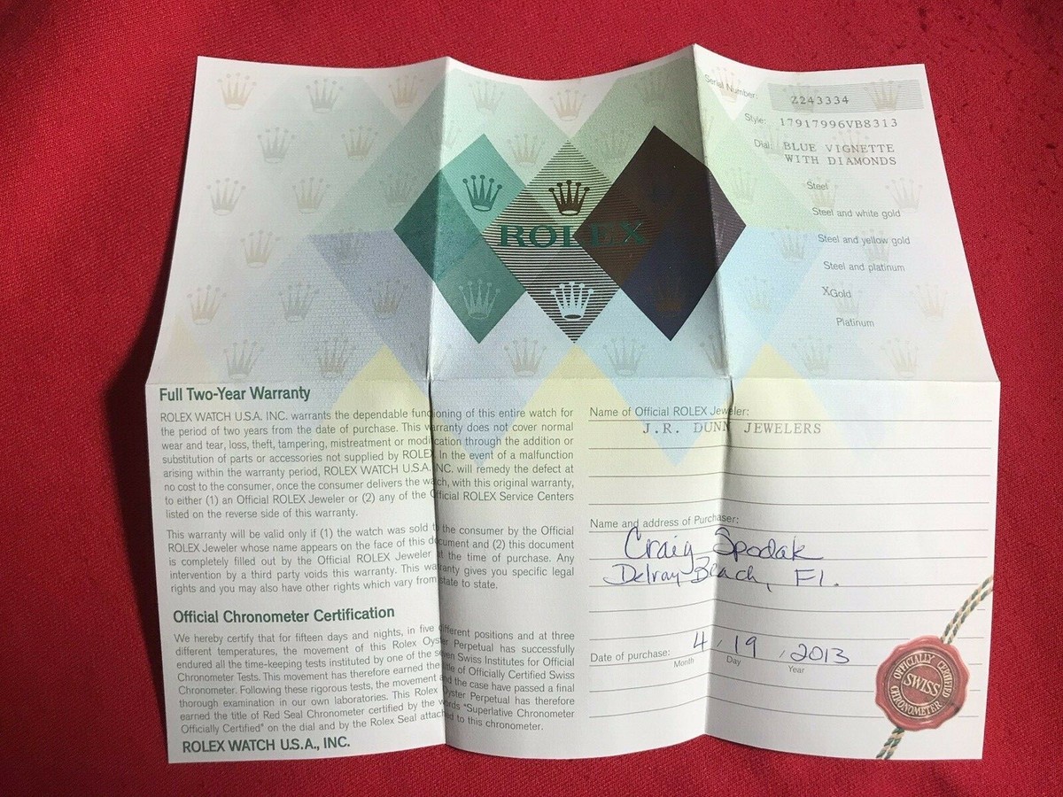 Rolex Certificate Guarantee Warranty For a Z serial Datejust