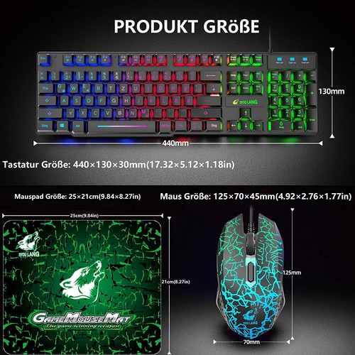 LED Gaming Tastatur Und Maus Set QWERTZ German Layout Regenbogen 2400 DPI Maus - Bild 10 von 21